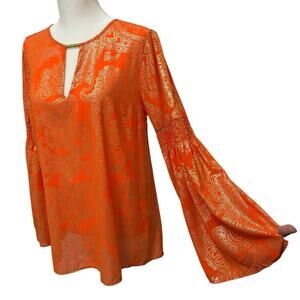Michael Kors top small orange gold foil paisley bell sleeves festival top flare